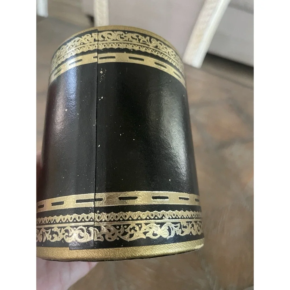 Vtg MCM Black Faux Leather Embossed Gold Gilt Pen Pencil Holder Desk Accessory